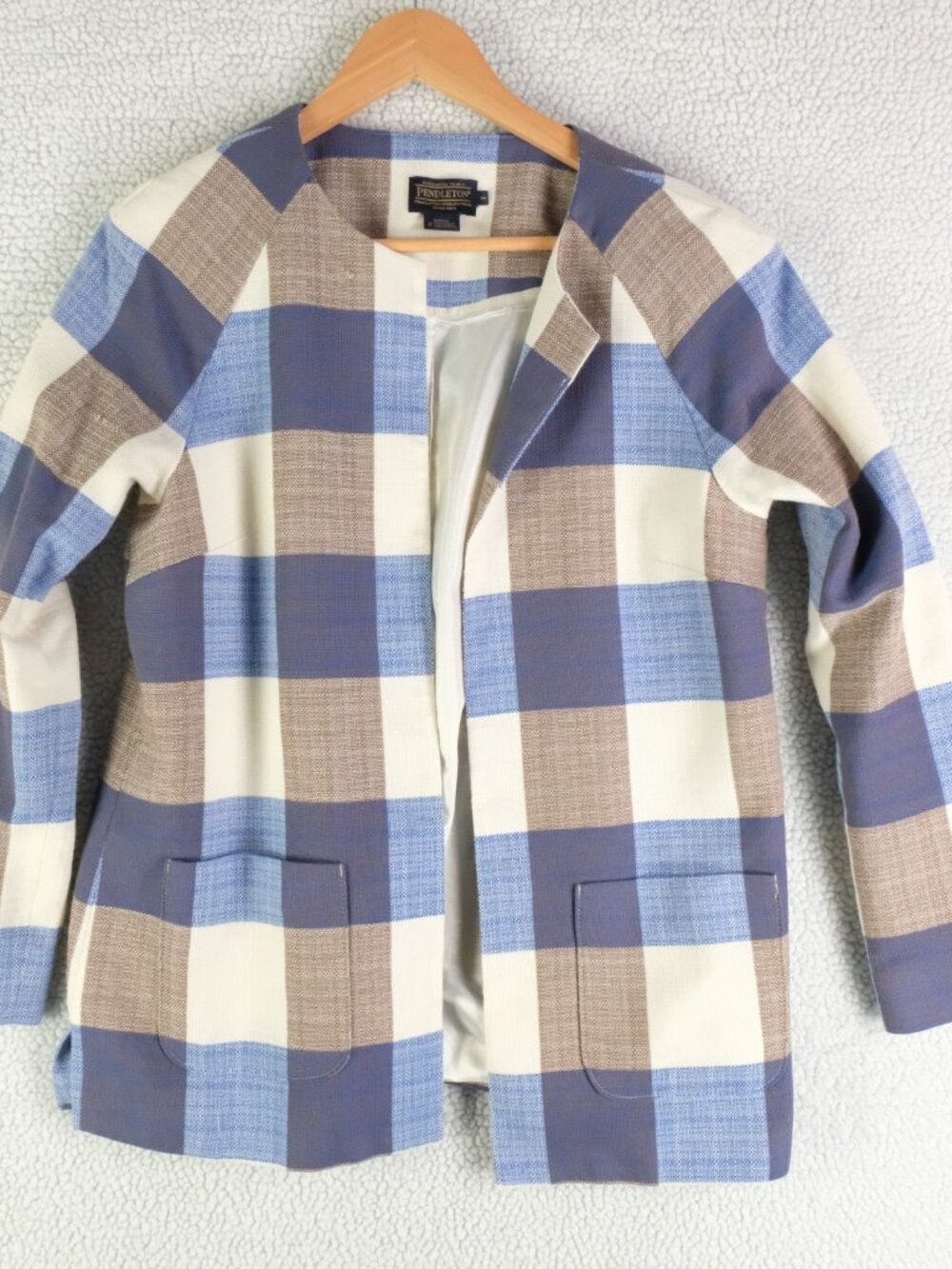 Pendleton Blazer Womens Medium Blue White Check Open Wool Lightweight Lined